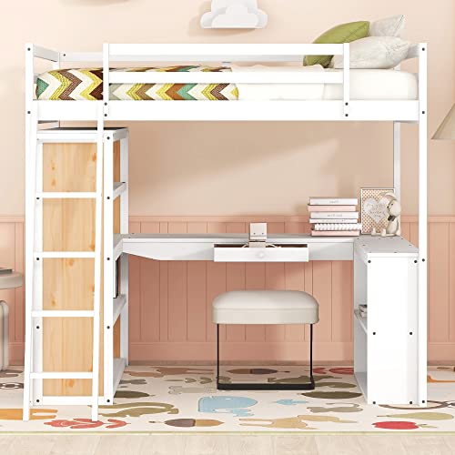 Twin Wood Loft Bed with Staircase, Desk and Wardrobe, Gray T76092