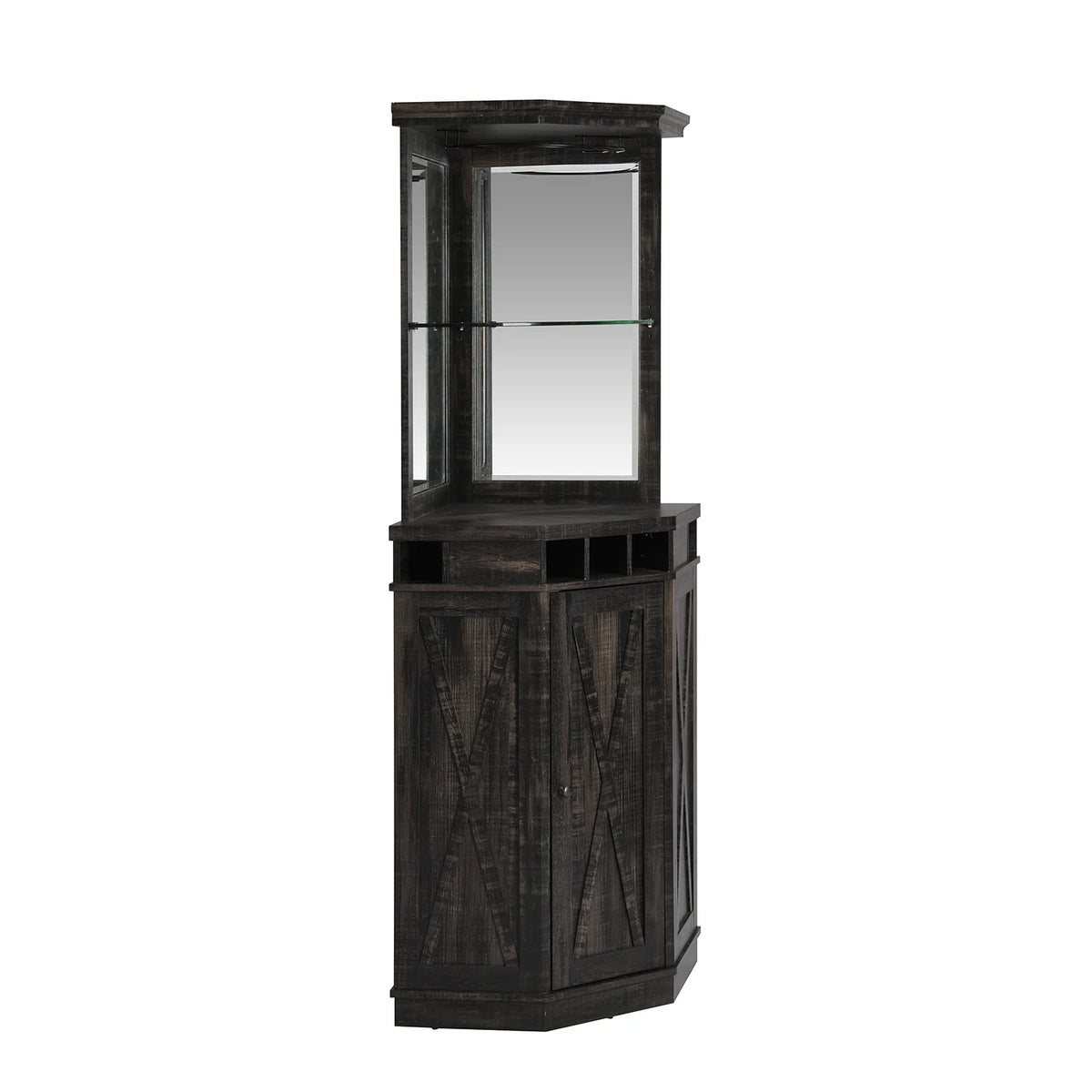 Corner Bar Unit with Two Glass Shelves, Built-in Wine Rack and Lower Cabinet, Charcoal T947959
