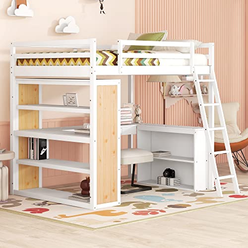 Twin Wood Loft Bed with Staircase, Desk and Wardrobe, Gray T76092