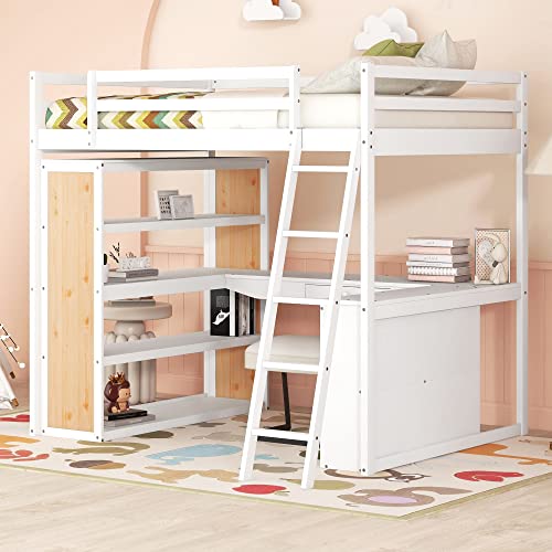Twin Wood Loft Bed with Staircase, Desk and Wardrobe, Gray T76092