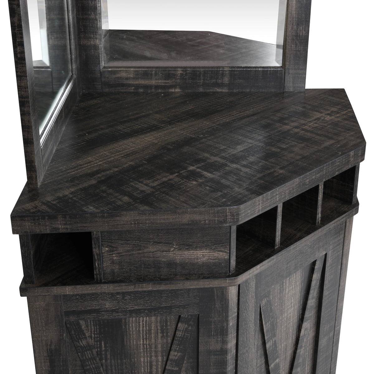 Corner Bar Unit with Two Glass Shelves, Built-in Wine Rack and Lower Cabinet, Charcoal T947959