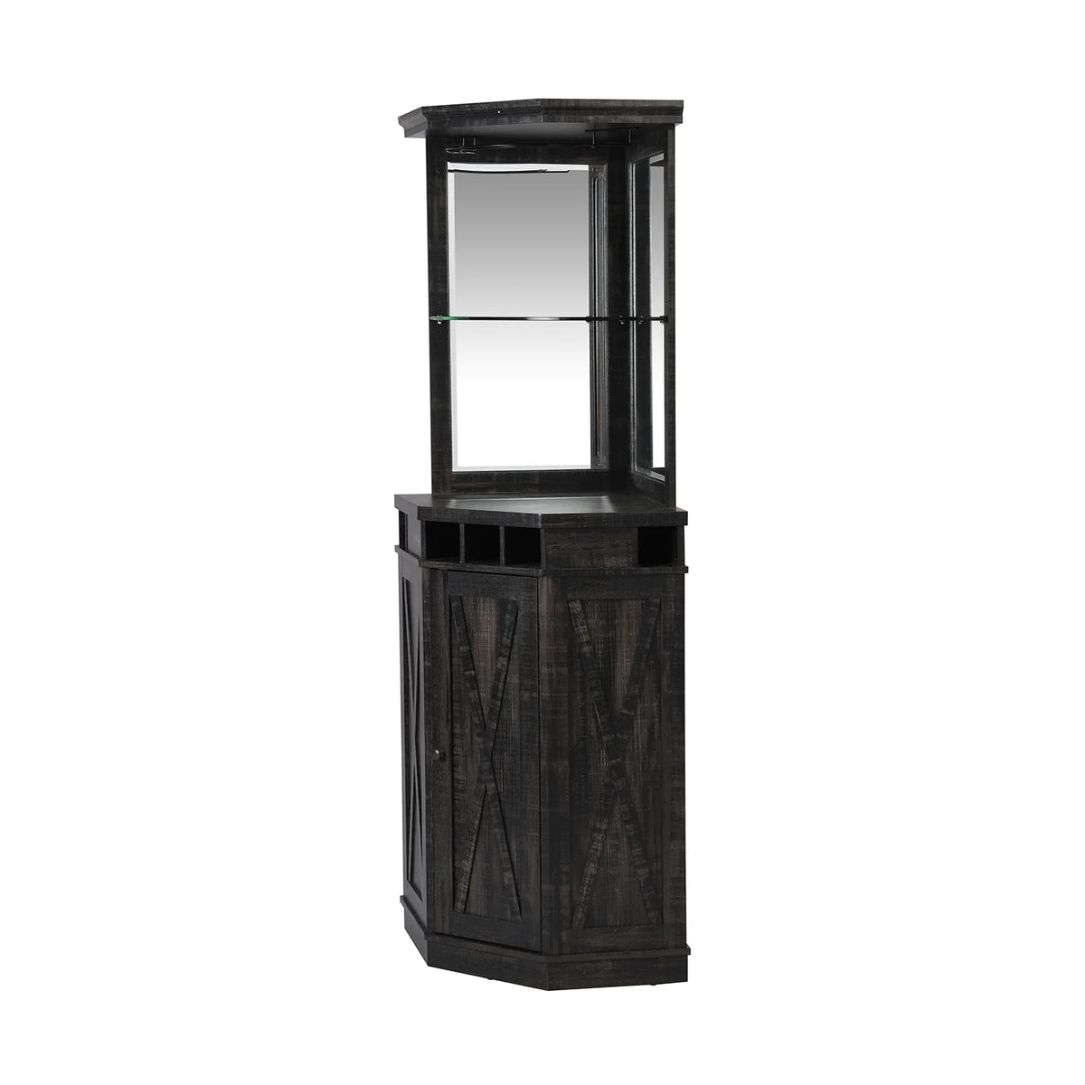 Corner Bar Unit with Two Glass Shelves, Built-in Wine Rack and Lower Cabinet, Charcoal T947959
