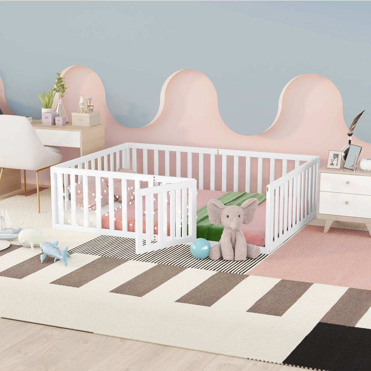 White Full Size Wood Daybed Frame with Fence A499