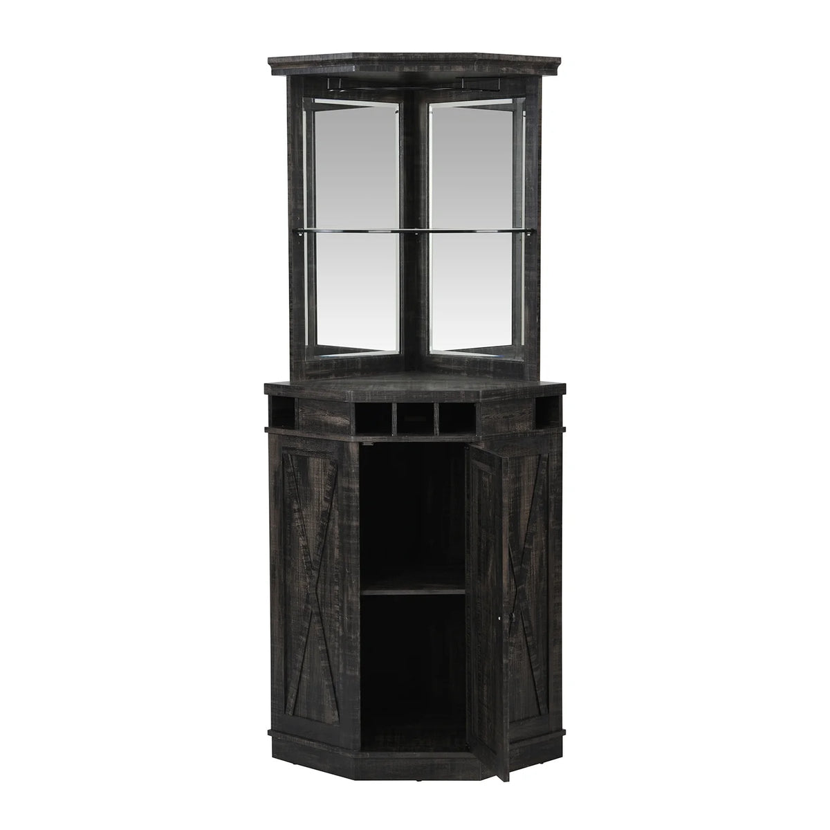 Corner Bar Unit with Two Glass Shelves, Built-in Wine Rack and Lower Cabinet, Charcoal T947959