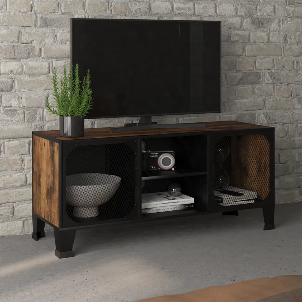 Rustic Brown TV Stand with 2 Mesh Doors and Storage Shelf U64917